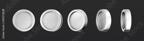 3D silver coin icon set with a chrome metallic effect, isolated on a dark background. Chrome coins, game token, digital currency icons, silver reward medals. Finance design. 3D vector illustration