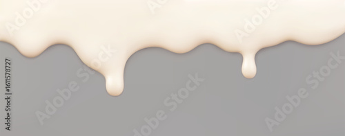 White soft liquid texture cream isolated on a gray background. Realistic melting ice cream border, lotion, yoghurt or dripping vanilla glaze, condensed milk, nail polish, slime, or icing. 3D vector