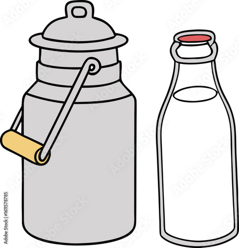 Metal milk can and glass bottle with red cap vector