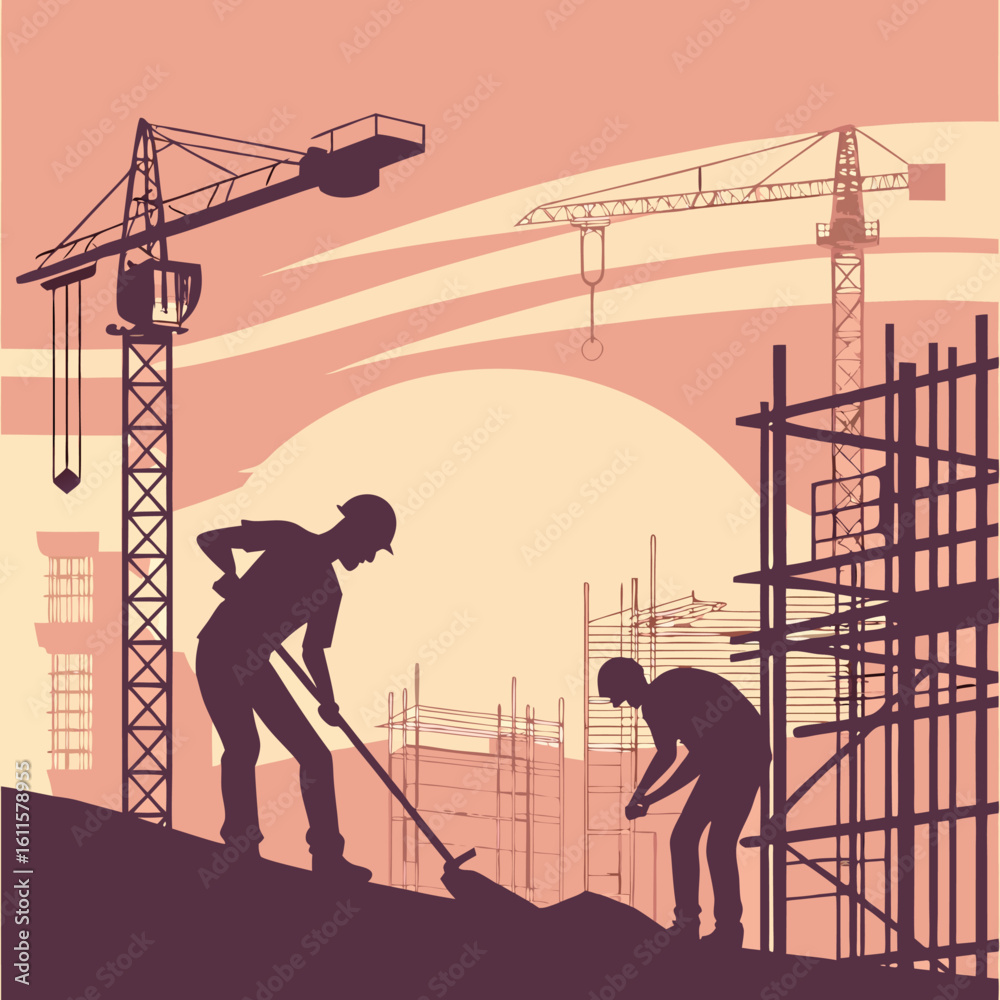 Fototapeta premium Construction Site Workers with Tower Cranes at Sunset – Industrial Vector Illustration