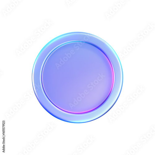 3D holographic coin icon with purple neon effect. Iridescent chrome coin render, game token, casino chip, digital currency or holo reward medal. 3D vector illustration