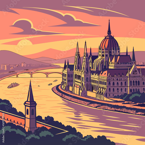 Photography Budapest Parliament Building at Sunset – Danube River Scenic Illustration