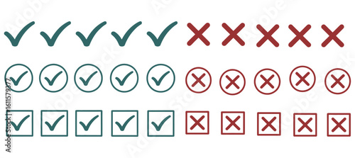Vector art of a set of colorful check marks and crosses for indicating approval or rejection
