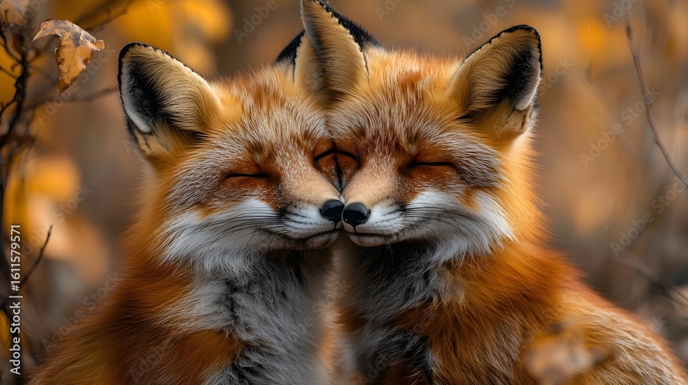 Naklejka premium A fox nuzzling tenderly under the autumn leaves