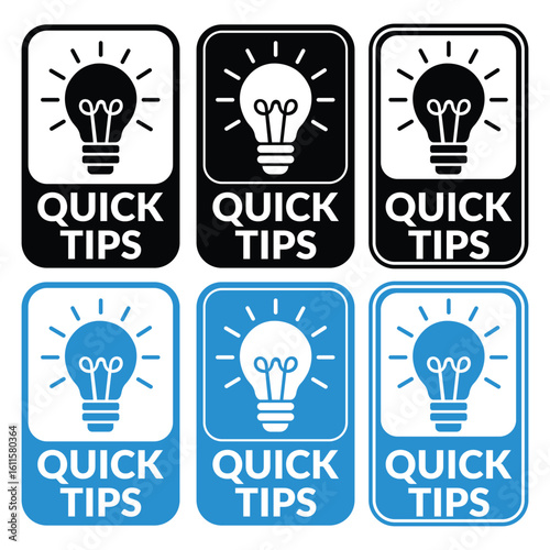 Quick tips icon set, Top tips, helpful tricks, marketing, tooltip, advice, and idea for business and advertising, Quick tips sticker set, Creative help and guide icons, Blue and black quick tip button