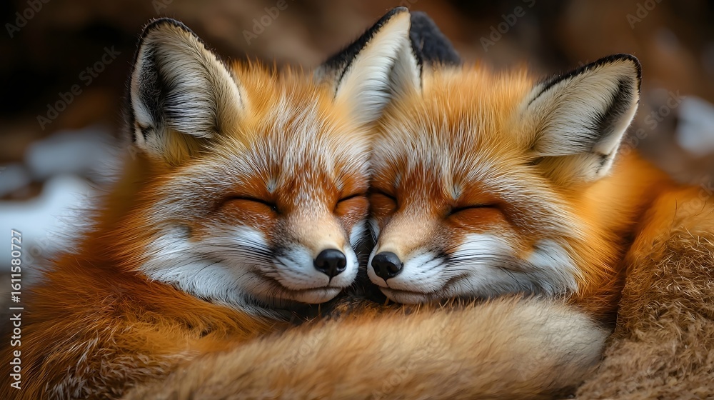 Obraz premium Cozy foxes cuddling together in a protective embrace