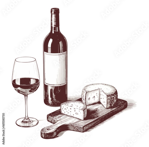 Vector art of a bottle of red wine, a glass, and cheese on a wooden board create a cozy scene