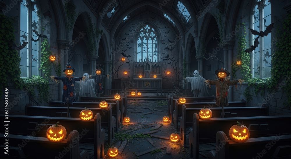 Obraz premium Eerie Church Scene with Jack-o'-Lanterns A Hauntingly Beautiful Display of Carved Pumpkins in a Gothic Church Setting with Bats and Scarecrows
