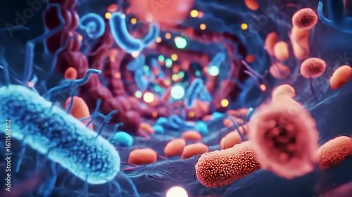 Gut Microbiome with Probiotics and Bacteria. 3D Medical Animation