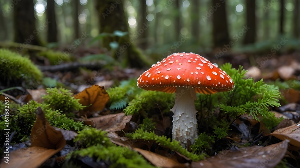 Fototapeta premium Red and white spotted mushroom on a mossy forest floor amidst green plants