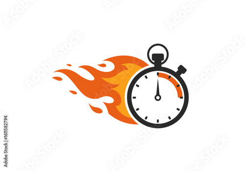 A stopwatch with flames emanating from behind it, suggesting speed, urgency, or a deadline.