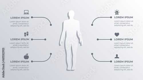 White 3D Human Body Medical Infographic with 6 Step Timeline Flowchart for Surgical Medicine, Hospital, and Biology Concepts