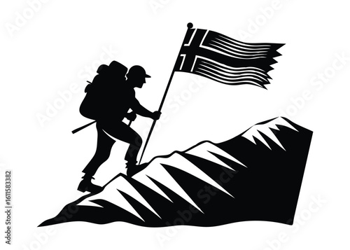 Climber with Flag on Mountain Peak Silhouette Vector