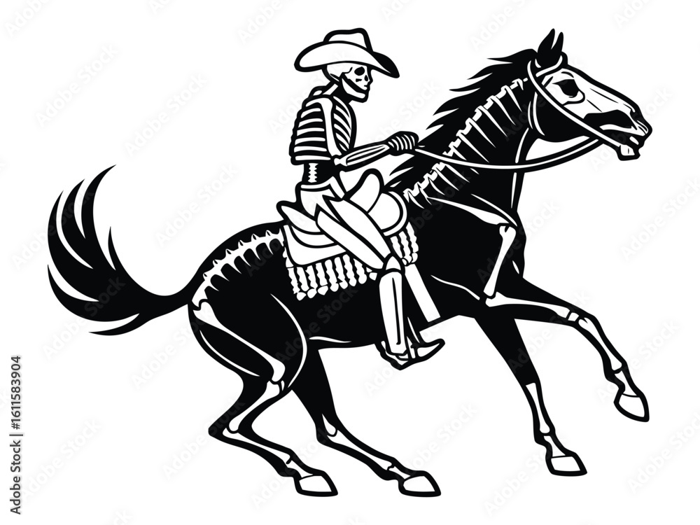 Obraz premium Cowboy Riding Galloping Horse Silhouette Illustration