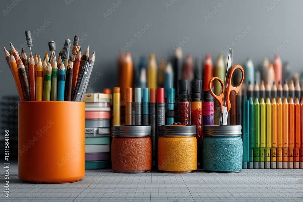 Obraz premium Organized art supplies on a desk showcasing pencils, jars, and scissors