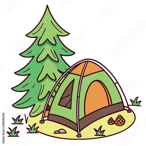 Tent and tree in an outdoor camping setting with a transparent background