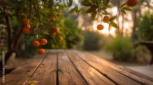 Fototapeta Naklejka Na Ścianę i Meble -  Ripe citrus fruits hanging from branches over a rustic wooden table.