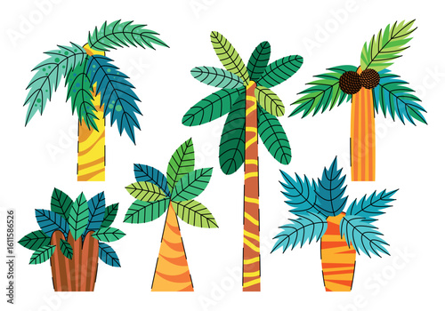 Wallpaper Mural Vector collection of vibrant cartoon palm trees and exotic tropical plants. For summer graphics, children’s projects, games, jungle scenes, digital prints, web design, clipart, and decoration themes.  Torontodigital.ca