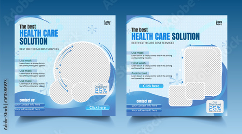 Creative medical social media post template design. Hospital clinic promotion banner flyer template design focused on home care, nursing, patient support, and elderly treatment.
