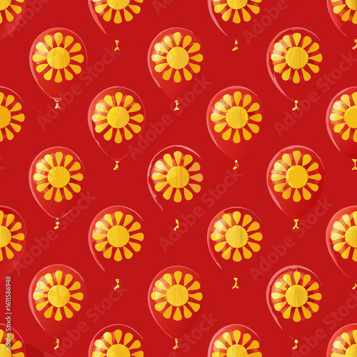Repeating balloon pattern with a flower motif for a festive design on red background. Balloon pattern is perfect for celebrations, parties, and joyful events, bringing happiness and cheer.