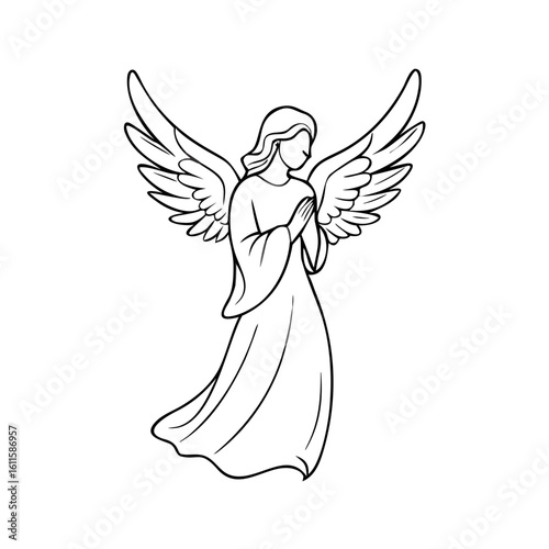 Angel outline with wings for religious coloring and drawing, perfect for faith based themes. Angel outline with wings illustration represents faith and hope, ideal for devotional books.
