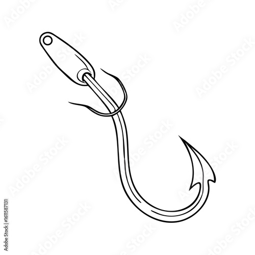 Hand drawn fishing hook illustration with sharp barb, suitable for a fisherman. Fishing hook close up depicts equipment and is useful for fishing. Isolated fishing hook is ideal for commercial use,