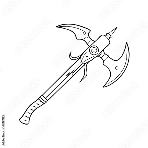 Isolated halberd displayed against clean background, a medieval weapon. This halberd shows meticulous details: the ax blade and spike design highlight its formidable nature,