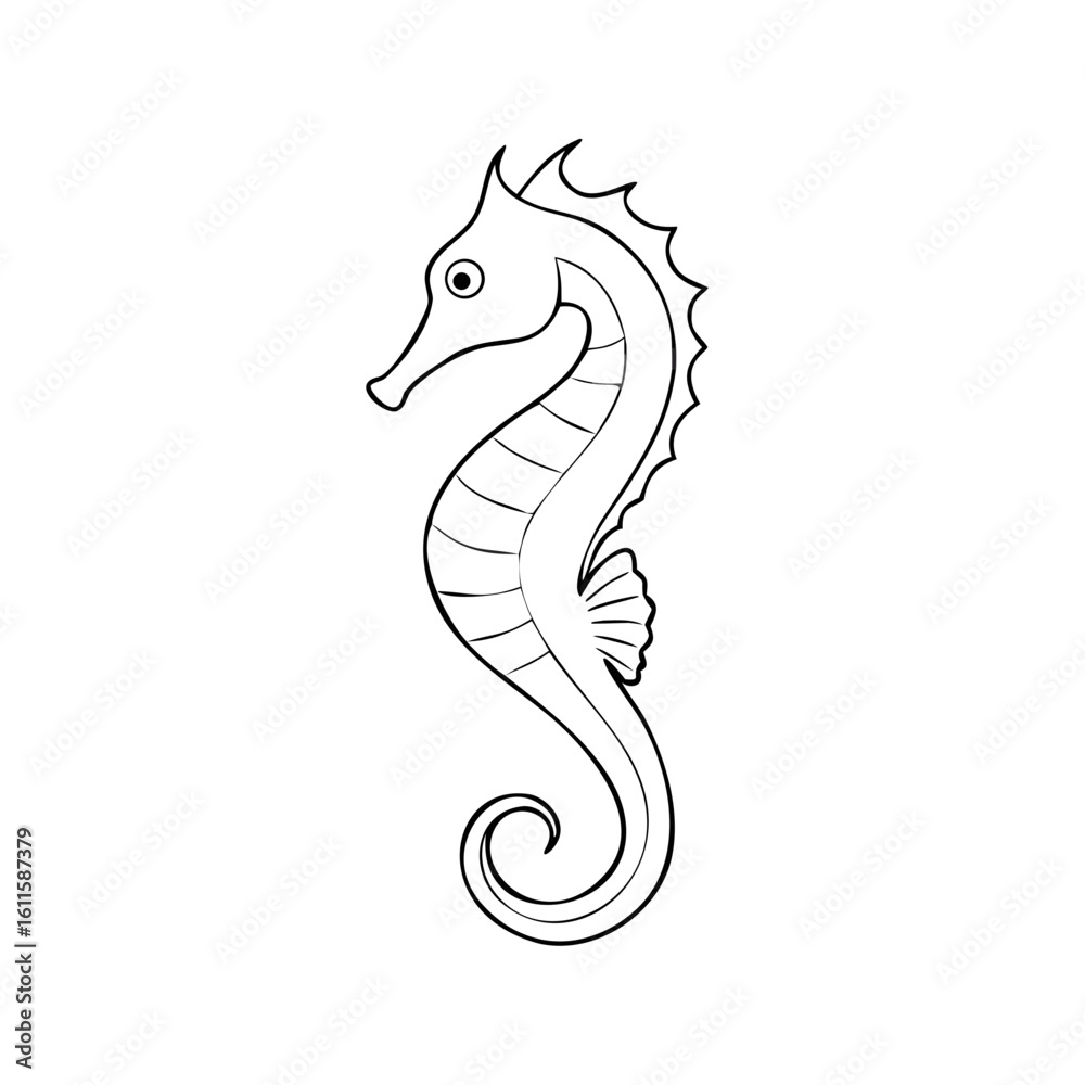 Fototapeta premium Simple Seahorse outline of delicate sea creature on clean white backdrop, a marine animal. Seahorse illustration presents elegant contours, aquatic life, and animal for coloring book pages.