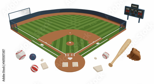Vibrant baseball field illustration captures the excitement of the game with equipment scattered around, perfect for sports marketing and fan engagement.