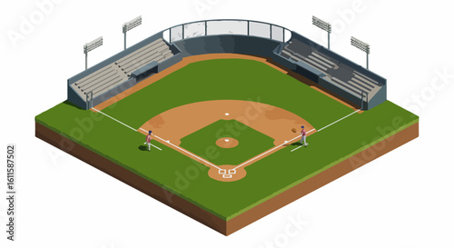 Captivating isometric view of a vibrant baseball stadium, showcasing a perfectly manicured field with players ready for action, ideal for sports event promotion and gaming.