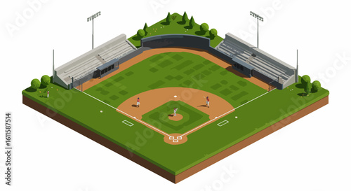 Dynamic isometric baseball stadium scene captures the excitement of game day with players on the field and spectators in the stands, perfect for sports promotions.