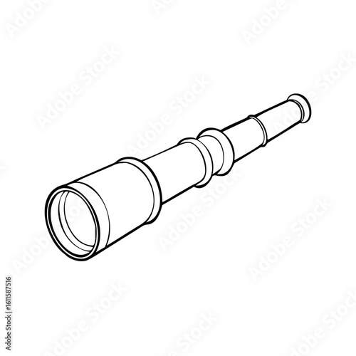 Hand drawn telescope illustration on white background. Telescope drawing shows a long, cylindrical optical instrument used for viewing distant objects; drawn with simple lines.