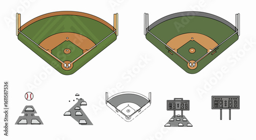 Captivating baseball field elements showcase diamond, bases, scoreboard, and iconic game visuals, perfect for sports branding and fan engagement designs