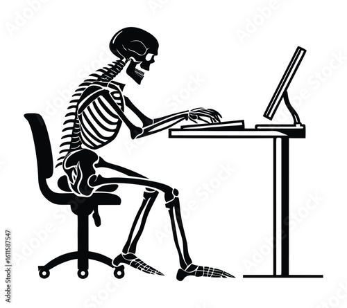 Skeleton Typing at Computer Desk in Office Chair Silhouette