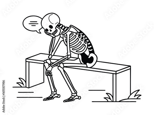 Thoughtful Skeleton in Cloak Sitting on Bench Silhouette