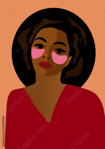 A young black woman with under eye patches exuding a serene beauty routine. Eye patches for beauty and skin Care. Face cosmetic collagen eye patches against facial.