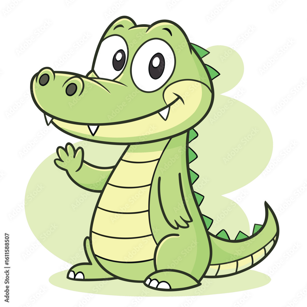 Fototapeta premium Cheerful cartoon alligator waves hello, showing a friendly and welcoming expression on transparent background