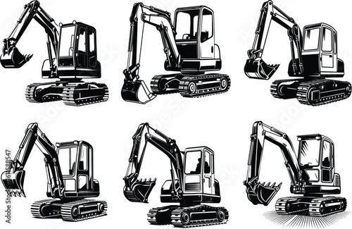 Wallpaper Mural Collection of hand drawn excavator illustrations in black and white Torontodigital.ca