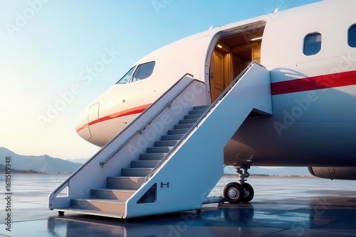 Modern passenger stairs extending to large jet hatch, business jet, boarding