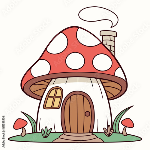 Cute cartoon mushroom house with chimney emits a message bubble in isolation