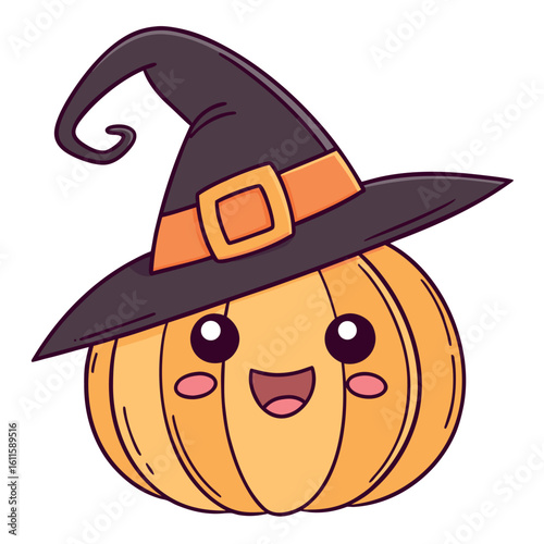 Cute cartoon pumpkin is wearing a black witch hat and smiling happily on Halloween