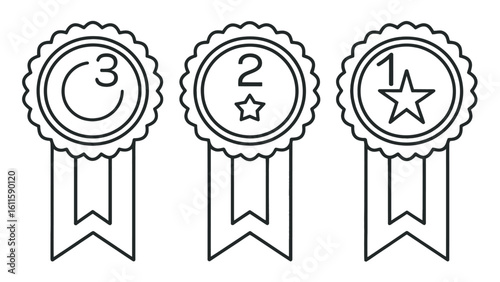 Award medals with first second and third place icons in simple line style for competition and achievement

