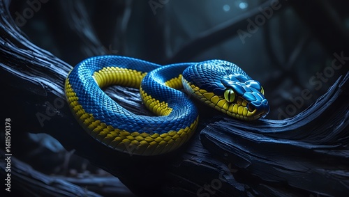 Vibrant Blue and Yellow Snake Coiled on Dark Tree Branch in Jungle – Hyper-Realistic Close-Up
