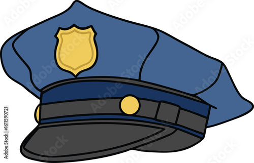 Blue police cap with gold badge and black brim vector