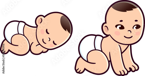 Cute newborn Asian baby sleeping and crawling. Infant development drawing set, vector clip art illustration.