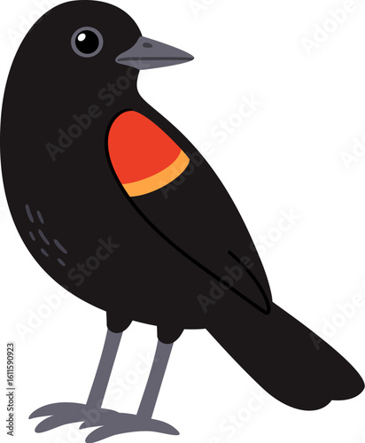 Simple stylized cartoon red-winged blackbird (Agelaius phoeniceus) drawing. Male bird with red spots.Vector clipart illustration.