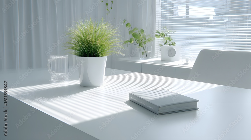 Fototapeta premium Light streams across a minimalist white table.