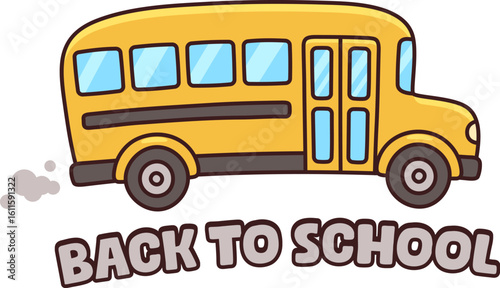 Classic yellow school bus drawing in cute cartoon hand drawn style. Back to school banner design, vector illustration.