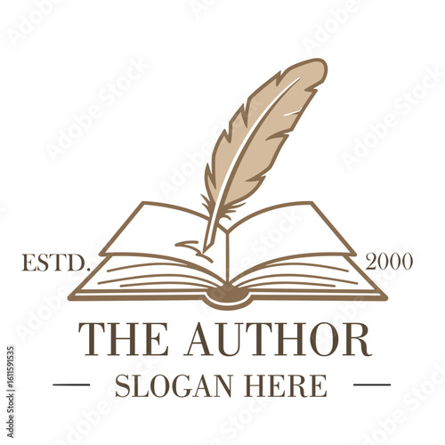 classic writer logo design. author logo feather with book combination