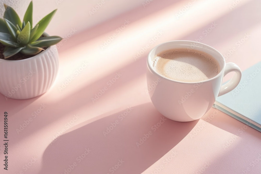 A cup of coffee, a succulent plant, and a notebook bathed in sunlight on a pink surface. A cup of coffee, a succulent plant, and a notebook bathed in sunlight on a pink surface.